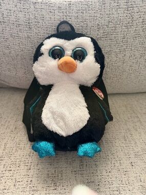 Ty Penguin Plush Backpack with Teal Glitter Eyes and Orange Beak